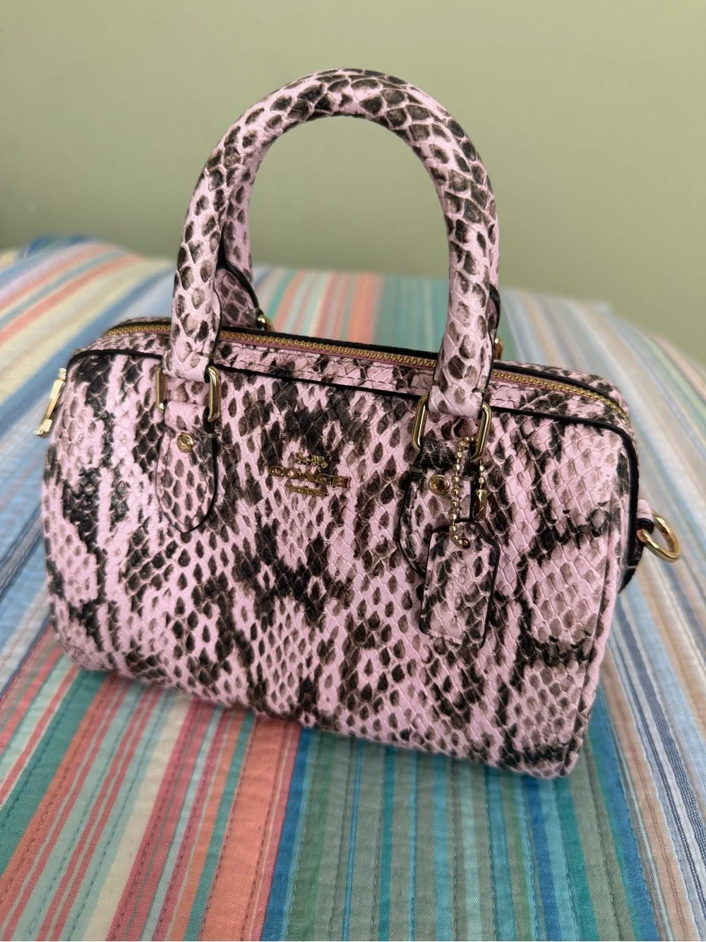Coach Pink Snakeskin-Print Mini Rowan Satchel with Gold Hardware
